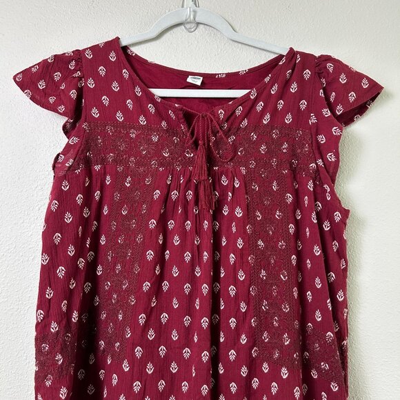 Old Navy Gauze Dress Womens M Burgundy Embroidered Tasseled Flowy Boho Lagenlook - Picture 2 of 11